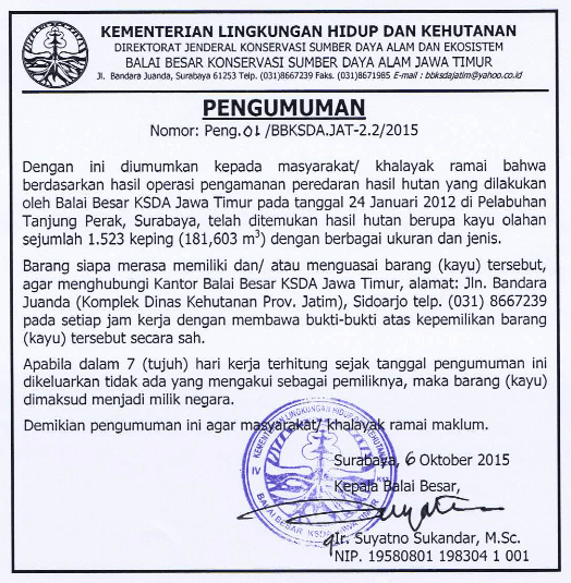 Pengumuman : telah ditemukan hasil hutan berupa kayu olahan sejumlah 1.523 keping dengan berbagai ukuran dan jenis - Thumbnail 1